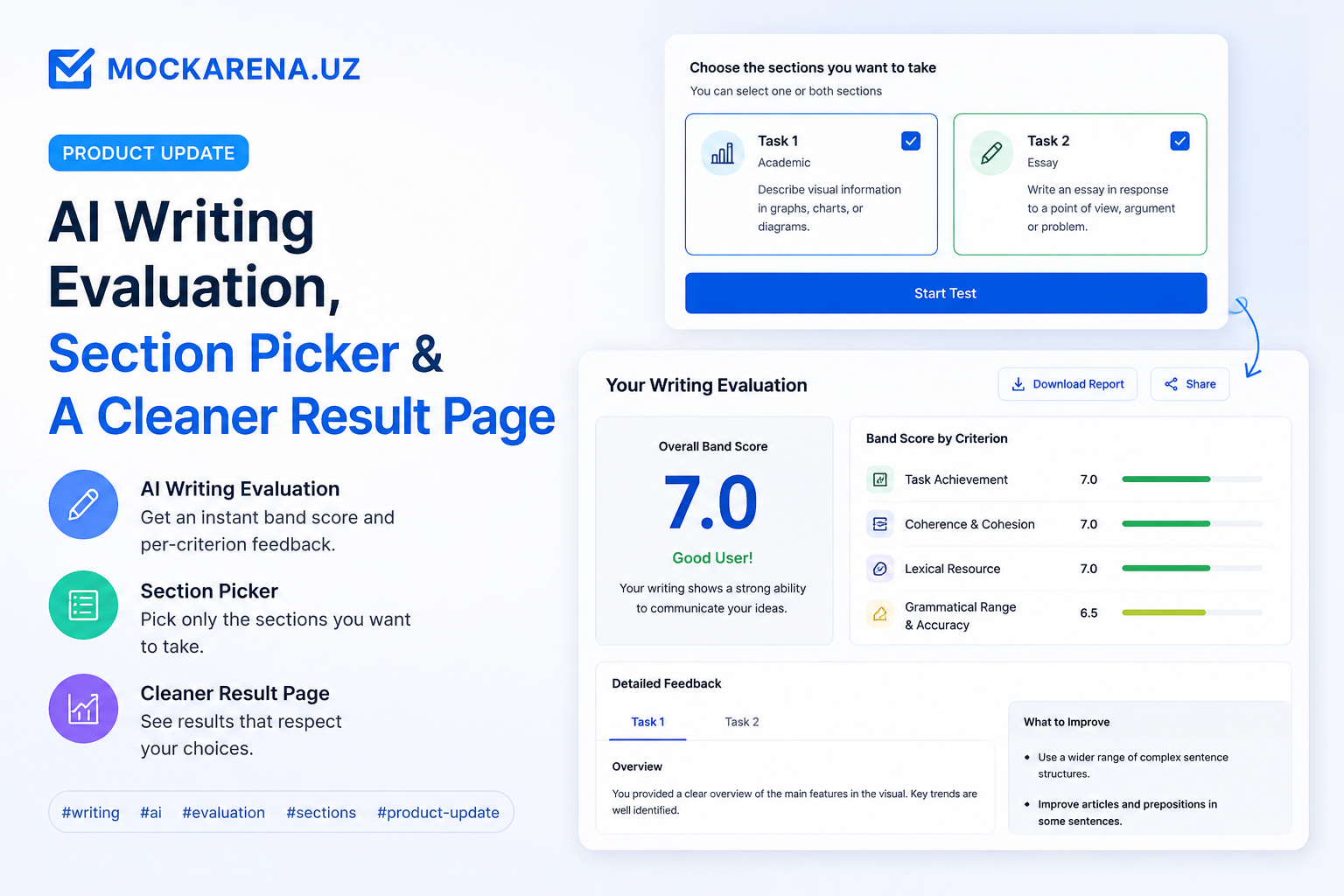 AI Writing Evaluation, Section Picker & A Cleaner Result Page